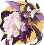  1girl :d absurdres animal_ears bangs black_gloves boots border bow bowtie brown_hair demon_wings dress eyepatch frills gloves halloween highres horse_ears horse_girl horse_tail kirschma long_hair looking_at_viewer make_up_in_halloween!_(umamusume) open_mouth purple_bow purple_bowtie purple_eyes purple_footwear rice_shower_(umamusume) short_sleeves simple_background smile solo tail umamusume white_border wings yellow_background 