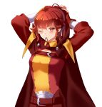  1girl anna_(fire_emblem) arcelle arms_behind_head bangs belt belt_buckle blush buckle cape closed_mouth clothing_cutout eyebrows_visible_through_hair fingerless_gloves fire_emblem fire_emblem_awakening gloves hair_between_eyes hair_tie hair_tie_in_mouth highres long_hair long_sleeves looking_at_viewer mixed-language_commentary mouth_hold one_eye_closed ponytail popped_collar red_belt red_cape red_eyes red_gloves red_hair red_shirt shirt simple_background smile solo tying_hair upper_body white_background 