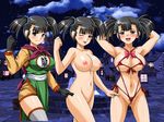  artist_request black_hair blush breasts china_dress chinese_clothes dragon_quest dragon_quest_iii dress fighter_(dq3) gloves grey_eyes large_breasts nude one_eye_closed open_mouth pubic_hair short_hair short_twintails side_slit slingshot_swimsuit smile swimsuit thighhighs twintails 