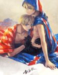  america_(hetalia) american_flag axis_powers_hetalia bad_id bad_pixiv_id belt blonde_hair blue_eyes dog_tags flag glasses gloves green_eyes male_focus mouth_hold multiple_boys rei_(sanbonzakura) shirtless united_kingdom_(hetalia) yaoi 