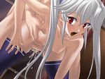  1boy 1girl :p areola areolae bent_over black_package_try blush breast_hold breasts cum dark_chapel game_cg holding_breasts liz_(dark_chapel) nipples rape red_eyes sex silver_hair small_breasts stomach_bulge thighhighs tongue tongue_out twintails 