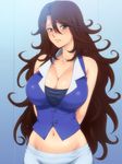  1girl arms_behind arms_behind_back bare_shoulders blush breasts brown_hair bust cleavage cute female gundam gundam_00 hairu huge_breasts lips long_hair midriff mound_of_venus navel perfection solo sumeragi_lee_noriega upper_body yellow_eyes 