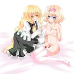  alice_margatroid bad_id bad_pixiv_id blonde_hair blue_eyes breasts cream food fruit hairband kirisame_marisa long_hair medium_breasts multiple_girls nanase_nao nipples nude nyotaimori short_hair strawberry thighhighs touhou yellow_eyes yuri 