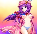  bad_id bad_pixiv_id breasts crescent dress hat highres long_hair medium_breasts nipples open_clothes open_dress panties patchouli_knowledge purple_eyes purple_hair ribbon solo striped striped_panties touhou underwear yoshimo 