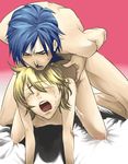  2boys all_fours anal artist_request bed bent_over blonde_hair blue_hair blush closed_eyes crying cum cum_on_body cum_on_lower_body eyes_closed kagamine_len kaito male male_focus multiple_boys nude open_mouth sex soukaikei_non tears vocaloid yaoi 