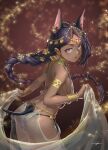  1girl animal_ears armlet ass bangs bare_shoulders bracelet braid breasts character_request commentary_request cowboy_shot dancer dark-skinned_female dark_skin dog_ears dog_tail earrings extra_ears flower hair_flower hair_ornament harem_outfit holding jewelry kws leaning_forward light_particles long_hair looking_at_viewer looking_to_the_side medium_breasts o-ring open_mouth see-through sideboob signature single_braid solo strike_witches tail tiara veil world_witches_series yellow_flower 