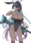  1girl animal_ears anti-materiel_rifle aqua_bow aqua_bowtie bangs bare_legs black_hair black_leotard blue_archive blush bolt_action bow bowtie boys_anti_tank_rifle breasts closed_mouth commentary_request dark-skinned_female dark_skin detached_collar fake_animal_ears gloves gun halo karin_(blue_archive) kikunosukemaru large_breasts leotard long_hair looking_at_viewer multicolored_hair over_shoulder ponytail purple_hair ribbon rifle simple_background sniper_rifle solo sweat very_long_hair weapon weapon_over_shoulder white_background white_gloves wrist_cuffs yellow_eyes 