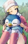  1girl black_hair blurry blurry_background blush boots cheek_poking dawn_(pokemon) forest hair_ornament hat highres jacket knee_boots knees_up long_hair nature one_eye_closed open_mouth outdoors over-kneehighs pink_footwear pink_jacket piplup pokemon pokemon_(creature) pokemon_(game) pokemon_dppt poking sitting smile thighhighs tree white_legwear yun_bo_(yumbocchi) 