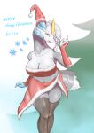  3_fingers absurd_res anthro asymmetry breasts christmas christmas_clothing christmas_headwear clawed_fingers claws clothing costume dragon female fingers fur grey_body grey_skin hair hat headgear headwear hi_res holidays horn ice kyurem legendary_pok&eacute;mon long_neck looking_at_viewer navel nintendo non-mammal_breasts open_mouth pok&eacute;mon pok&eacute;mon_(species) santa_costume santa_dress santa_hat shirokyure_(watte) simple_background solo stoking text tied_hair video_games watte white_hair white_kyurem yellow_eyes 