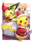 :d ;d belt border brown_belt christmas clothed_pokemon coat commentary_request gift gonzarez hat hatted_pokemon highres holding holding_gift holding_sack leg_up looking_at_viewer no_humans one_eye_closed open_mouth pichu pikachu poke_ball_print pokemon pokemon_(creature) red_coat red_headwear sack santa_hat smile sparkle standing standing_on_one_leg tongue white_border 