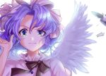  1girl angel angel_wings bangs black_bow blue_eyes blue_hair bow breasts dress feathered_wings hair_ribbon mystic_square parted_bangs ribbon short_hair simple_background small_breasts smirk touhou touhou_(pc-98) user_regk4543 white_background white_dress white_ribbon white_wings wings 