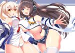  2girls :d :o ayanami_(azur_lane) ayanami_(azur_lane)_(cosplay) azur_lane bangs between_breasts black_hair black_panties black_skirt blonde_hair blue_eyes blue_jacket breast_press breasts commentary_request cosplay costume_switch detached_sleeves dress eyebrows_visible_through_hair hair_between_eyes hair_ornament headphones highres jacket kamishiro_(rsg10679) large_breasts long_hair long_island_(azur_lane) long_island_(azur_lane)_(cosplay) looking_at_viewer medium_breasts multiple_girls navel necktie necktie_between_breasts one_eye_closed open_mouth outstretched_arm panties red_necktie school_uniform serafuku shiny shiny_skin shirt simple_background skirt smile stomach thighhighs thighs underwear white_dress white_legwear white_panties white_shirt yellow_eyes 