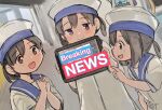  4girls akigumo_(kancolle) black_hair blue_collar blue_eyes blue_sailor_collar brown_eyes censored collar commentary_request daitou_(kancolle) dress dutch_angle hat hiburi_(kancolle) high_ponytail kantai_collection kirisawa_juuzou low_ponytail multiple_girls novelty_censor own_hands_clasped own_hands_together purple_eyes sailor_collar sailor_dress sailor_hat short_hair short_sleeves shounan_(kancolle) sidelocks tablet_pc twintails white_dress white_headwear white_legwear 