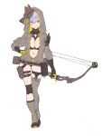  1girl :3 bikini black_bikini blue_hair bow_(weapon) breasts enkyo_yuuichirou full_body hand_on_hip highres holding holding_bow_(weapon) holding_weapon hood hood_up hoodie large_breasts looking_at_viewer mask mask_on_head navel negative_space open_clothes open_hoodie pink_eyes short_hair simple_background single_sock single_thighhigh smile socks solo standing swimsuit thighhighs weapon white_background 