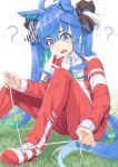  1girl ? animal_ears bangs black_ribbon blue_eyes blue_hair commentary_request eyebrows_visible_through_hair feet_out_of_frame hair_between_eyes hair_ribbon heterochromia horse_ears horse_girl horse_tail jacket knees_up long_sleeves miri_(ago550421) multicolored_hair on_grass open_mouth pants purple_eyes red_jacket red_pants ribbon sharp_teeth shoes short_eyebrows sitting solo tail teeth thick_eyebrows track_jacket track_pants track_suit twin_turbo_(umamusume) two-tone_hair umamusume white_background white_footwear 