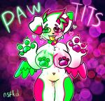 anthro big_breasts blush bodily_fluids breasts canid canine canis collar colored_pussy_juice colorful digital_media_(artwork) domestic_dog female fur genital_fluids green_body green_fur hi_res horn kittydogcrystal mammal nude pink_body pink_fur pussy_juice smile solo standing tongue unusual_bodily_fluids unusual_genital_fluids unusual_pussy_juice white_body white_fur wings yellow_tongue 