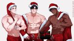  3boys abs artist_name bara bare_pectorals black_hair box dark-skinned_male dark_skin gift gift_box grey_hair hat highres holding holding_gift jacket jacket_removed large_pectorals looking_at_viewer male_focus multiple_boys muscular muscular_male navel nipple_piercing nipples open_clothes open_jacket original pants pectorals piercing red_jacket red_pants red_shorts santa_costume santa_hat scar scar_across_eye scar_on_arm scar_on_face scar_on_neck scar_on_stomach short_hair short_shorts shorts smile topless_male y9tti 