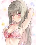  1girl :o arm_behind_head arm_up armpits bangs bare_arms bare_shoulders blue_flower blush bow bow_bra bra breasts cleavage collarbone commentary_request eyebrows_visible_through_hair floral_background flower grey_hair long_hair looking_at_viewer multicolored_hair original parted_lips pink_bra pink_eyes pink_flower pink_hair saeki_sora small_breasts solo strawberry_bra two-tone_hair underwear underwear_only upper_body very_long_hair yellow_flower 