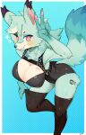  2021 anthro big_breasts breasts buta99 canid canine cleavage clothed clothing female gesture hi_res legwear leotard mammal raised_tail simple_background smile solo thigh_highs v_sign 