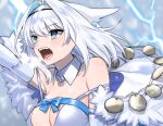  1girl absurdres animal_ear_fluff animal_ears bangs bare_shoulders blue_bow blue_eyes blue_ribbon bow breasts capelet cat_ears cat_girl cleavage cocoro_mimi detached_collar detached_sleeves dobrynya_nikitich_(fate) dress electricity fate/grand_order fate_(series) fur-trimmed_capelet fur_trim hair_bow hairband highres large_breasts long_hair low_ponytail open_mouth ribbon short_dress solo white_capelet white_dress white_hair 