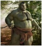  3d_(artwork) ad-games balls body_hair chain chest_hair clothed clothing detailed_background digital_media_(artwork) flaccid genitals green_body green_skin hi_res holding_chain humanoid male mohawk moobs nature nipples not_furry orc outside overweight overweight_male partially_clothed penis plant scar standing tree 