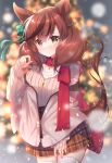  1girl animal_ears blurry blurry_background blush brown_eyes brown_hair brown_skirt brown_sweater christmas christmas_ornaments christmas_tree closed_mouth commentary_request depth_of_field hand_up highres horse_ears horse_girl horse_tail ko_yu long_sleeves looking_at_viewer nice_nature_(umamusume) plaid plaid_skirt ribbed_sweater shirt skirt sleeves_past_wrists solo sweater tail thighhighs twintails umamusume wavy_mouth white_legwear white_shirt 