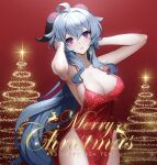  1girl ahoge alternate_costume ankkoyom armpits arms_up bare_shoulders blue_hair blush breasts cleavage cowboy_shot dress earrings evening_gown eyebrows_behind_hair ganyu_(genshin_impact) genshin_impact gradient gradient_background hands_in_hair happy_new_year highres horns jewelry large_breasts long_hair looking_at_viewer merry_christmas new_year parted_lips pelvic_curtain purple_eyes red_background red_dress sidelocks sleeveless sleeveless_dress smile solo sparkle thighs very_long_hair 
