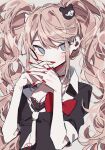  1girl 3j_dangan bangs bear_hair_ornament black_bra black_choker black_necktie black_shirt blonde_hair blue_eyes bow bra breasts choker cleavage commentary_request covering_mouth danganronpa:_trigger_happy_havoc danganronpa_(series) enoshima_junko grey_background hair_ornament hands_up highres interlocked_fingers long_hair nail_polish necktie red_bow red_nails shirt short_sleeves simple_background skirt sleeves_folded_up smile solo twintails underwear upper_body white_necktie 