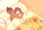  2boys :o antenna_hair ash_ketchum bangs blush brown_hair catsubun_(kkst0904) closed_eyes commentary dark-skinned_male dark_skin floral_print from_above hand_on_another&#039;s_shoulder indoors interracial kiawe_(pokemon) lying male_focus multicolored_hair multiple_boys on_bed on_side pillow pokemon pokemon_(anime) pokemon_sm_(anime) short_hair sleeping topless_male under_covers undercut yaoi 