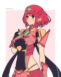  1girl bangs black_gloves breasts chest_jewel closed_eyes earrings fingerless_gloves gem gloves highres jewelry large_breasts mochimochi_(xseynao) pyra_(xenoblade) red_eyes red_hair red_legwear red_shorts short_hair short_shorts shorts swept_bangs thighhighs tiara xenoblade_chronicles_(series) xenoblade_chronicles_2 