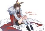  1girl amiya_(arknights) animal_ear_fluff animal_ears arknights black_footwear black_shorts blue_eyes brown_hair brown_vest cape closed_mouth commentary_request crown dated fur-trimmed_cape fur_trim highres kneehighs knees_up loafers long_hair long_sleeves looking_at_viewer mini_crown molu_stranger ponytail rabbit_ears red_cape shirt shoes short_shorts shorts sitting solo striped striped_vest translation_request vertical-striped_vest vertical_stripes vest white_background white_legwear white_shirt 