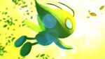  absurdres blue_eyes blurry celebi closed_mouth colored_sclera commentary flying higa-tsubasa highres leaf leaves_in_wind lens_flare looking_back no_humans pokemon pokemon_(creature) solo yellow_sclera 