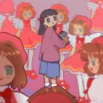  6+girls :d angel_wings ankle_socks arms_at_sides bangs beret black_hair blue_footwear blue_shorts blunt_bangs blush_stickers bow bowtie braid brown_hair camcorder camera cardcaptor_sakura chinese_clothes clone daidouji_tomoyo dot_nose dress empty_eyes facing_away facing_viewer feathered_wings footwear_bow frilled_shirt_collar frilled_sleeves frills from_behind from_side full_body green_eyes hair_bow hair_intakes hair_rings hallucination hands_up hat high_collar highres holding holding_camera jacket kinomoto_sakura light_brown_hair long_hair long_sleeves looking_away looking_back looking_down looking_to_the_side low_twintails mandarin_collar multiple_girls muted_color no_eyebrows no_nose no_pupils open_mouth parted_lips petticoat pinafore_dress pink_dress pink_headwear plastiboo pleated_dress profile puffy_short_sleeves puffy_sleeves purple_background purple_eyes purple_jacket red_bow red_bowtie red_footwear shoes short_dress short_hair short_sleeves shorts sideways_mouth smile socks standing straight-on surreal tangzhuang tareme thighhighs twin_braids twintails upper_body white_legwear white_wings wings 
