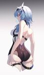  1girl absurdres ass back_cutout bangs bare_shoulders breasts clothing_cutout eula_(genshin_impact) flower from_behind genshin_impact hair_flower hair_ornament highres large_breasts light_blue_hair linnnp looking_at_viewer medium_hair solo standing 