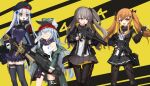  404_(girls&#039;_frontline) 4girls absurdres armband assault_rifle bangs beret black_gloves black_jacket black_legwear black_skirt blunt_bangs brown_hair dlarudgml21 facial_mark fingerless_gloves g11_(girls&#039;_frontline) german_flag girls&#039;_frontline gloves green_eyes green_jacket grey_hair grey_skirt gun h&amp;k_g11 h&amp;k_hk416 h&amp;k_ump h&amp;k_ump45 h&amp;k_ump9 hat heckler_&amp;_koch highres hk416_(girls&#039;_frontline) jacket long_hair long_sleeves military_jacket miniskirt multiple_girls one_side_up open_clothes open_jacket pantyhose plaid plaid_skirt pleated_skirt red_scarf rifle scar scar_across_eye scar_on_face scarf scarf_on_head shirt silver_hair single_thighhigh skirt sleeveless sleeveless_shirt submachine_gun teardrop teardrop_facial_mark teardrop_tattoo thighhighs twintails ump45_(girls&#039;_frontline) ump9_(girls&#039;_frontline) weapon white_gloves white_shirt 