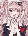  1girl 3j_dangan bangs bear_hair_ornament black_shirt blue_eyes bow bra breasts cleavage danganronpa:_trigger_happy_havoc danganronpa_(series) enoshima_junko eyebrows_visible_through_hair grey_background hair_ornament hands_up highres long_hair messy_hair necktie parted_lips red_bow red_nails shirt simple_background skirt smile solo sweat teeth twintails underwear upper_body 