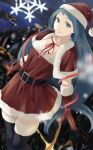  1girl absurdres blue_eyes blue_hair boku_no_hero_academia boots breasts christmas cleavage dress fengling_(furin-jp) gloves hadou_nejire hat highres long_hair looking_at_viewer merry_christmas red_dress santa_boots santa_costume santa_dress santa_gloves santa_hat smile solo 