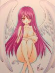  1girl angel_wings breasts collarbone commentary_request completely_nude convenient_leg covering covering_breasts eyebrows_visible_through_hair eyelashes feathered_wings feathers foot_out_of_frame io_(maryann_blue) long_hair medium_breasts nude open_mouth purple_eyes purple_hair seihou simple_background sitting traditional_media very_long_hair vivit_(erich&#039;s_daughter) white_background white_wings wings 
