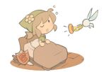  bed brown_hair cloak flower green_cloak green_headwear hair_flower hair_ornament instrument navi original pillow shield temmie_chang the_legend_of_zelda the_legend_of_zelda:_ocarina_of_time trumpet 