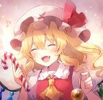  1girl 60mai ascot blonde_hair blush christmas christmas_ornaments closed_eyes crystal eighth_note fang flandre_scarlet hair_between_eyes hat holding long_hair mob_cap musical_note one_side_up open_mouth puffy_short_sleeves puffy_sleeves red_vest shirt short_sleeves smile solo touhou vest white_headwear white_shirt wings yellow_ascot 
