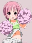  1girl arm_up cheerleader green_shirt grey_background highres miniskirt navel open_mouth pink_eyes pink_hair pom_pom_(cheerleading) shirt short_hair simple_background skirt sleeveless sleeveless_shirt solo toaru_majutsu_no_index tsukuyomi_komoe turbo_engine_(rakugaki_tabo) upper_body white_skirt wind wind_lift 