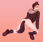  1boy all_fours anal anal_object_insertion anal_tail animal_ears artist_name ass black_collar black_footwear black_hair black_jacket boots brown_background c0nmeat collar danganronpa:_trigger_happy_havoc danganronpa_(series) fake_tail from_behind fur_trim gradient gradient_background ishimaru_kiyotaka jacket knee_boots long_sleeves looking_back male_focus object_insertion red_eyes short_hair spread_legs tail wolf_ears 