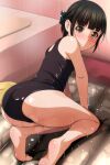  1girl all_fours barefoot bathroom black_eyes black_hair black_swimsuit highres inflatable_raft looking_at_viewer looking_back matsunaga_kouyou original school_swimsuit short_hair soles solo swimsuit tile_wall tiles 