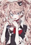  1girl 3j_dangan bangs bear_hair_ornament black_bra black_choker black_necktie black_shirt blonde_hair blue_eyes bow bra breasts choker cleavage covering_mouth danganronpa:_trigger_happy_havoc danganronpa_(series) enoshima_junko grey_background hair_ornament hands_up highres interlocked_fingers long_hair nail_polish necktie red_bow red_nails shirt short_sleeves simple_background skirt sleeves_folded_up smile solo twintails underwear upper_body white_necktie 