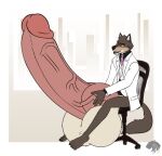  2021 anthro balls big_balls big_penis bottomless canid canine canis chair clothed clothing dreamworks furniture genitals hi_res huge_balls huge_penis hyper hyper_balls hyper_genitalia hyper_penis male mammal mr._wolf_(the_bad_guys) penis rath_raholand sitting solo suit the_bad_guys vein veiny_penis white_clothing wolf 