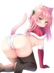  1girl absurdres all_fours animal_ears ass bangs black_legwear blush breasts cat_ears cat_girl cat_tail christmas closed_mouth commentary_request elbow_gloves eyebrows_visible_through_hair from_behind gloves green_eyes hair_ornament hamico highres large_breasts looking_at_viewer looking_back original panties pink_hair red_gloves simple_background solo tail thighhighs thighs underwear white_background 