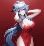  1girl ahoge alternate_costume ankkoyom armpits arms_up bare_shoulders blue_hair blush breasts cleavage cowboy_shot dress earrings evening_gown eyebrows_behind_hair ganyu_(genshin_impact) genshin_impact gradient gradient_background hands_in_hair highres horns jewelry large_breasts long_hair looking_at_viewer parted_lips pelvic_curtain purple_eyes red_background red_dress sidelocks sleeveless sleeveless_dress smile solo thighs very_long_hair 