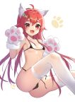  1girl :d ahoge animal_ear_fluff animal_ears animal_hands bangs bikini black_bikini blush breasts collarbone eris_greyrat eyebrows_visible_through_hair eyes_visible_through_hair fake_animal_ears fang gloves hair_between_eyes highres kemonomimi_mode long_hair looking_at_viewer micro_bikini mushoku_tensei paw_gloves paw_print paw_print_background red_eyes red_hair sakutaishi simple_background sitting skin_fang small_breasts smile solo string_bikini swimsuit thighhighs untied untied_bikini white_legwear 