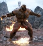 3d_(artwork) ad-games balls blood bodily_fluids body_hair chest_hair detailed_background digital_media_(artwork) erection facial_hair fire flag genitals hi_res humanoid humanoid_genitalia humanoid_penis male muscular muscular_male not_furry nude open_mouth orc outside penis raining rock solo standing water wounded 