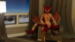  3d_(artwork) 4k_resolution absurd_res anthro capcom chair chest_tuft crotch_tuft curtains digital_media_(artwork) flying_wyvern furniture glistening glistening_eyes gold_(metal) hands_on_hips hi_res landscape looking_at_viewer male markings monster_hunter nargacuga red_body reflection scales scalie sitting solo tail_markings tuft victorbessa96 video_games window wings yellow_eyes 